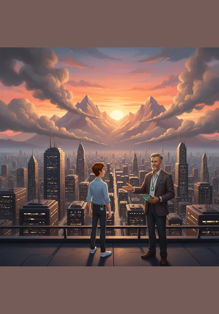 High above the city, the thick gray smog that used to hide the mountains begins to drift away, revealing a stunning sunset and clear air. The buildings below glow with a soft, efficient light that doesn't waste a single spark.