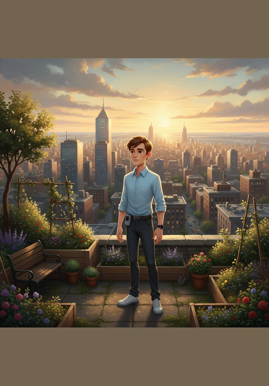 Leo stands on a rooftop garden, looking out at the transformation he helped create with just a simple, well-designed tool. He realizes that when people have the right information, they can make amazing choices for the Earth.