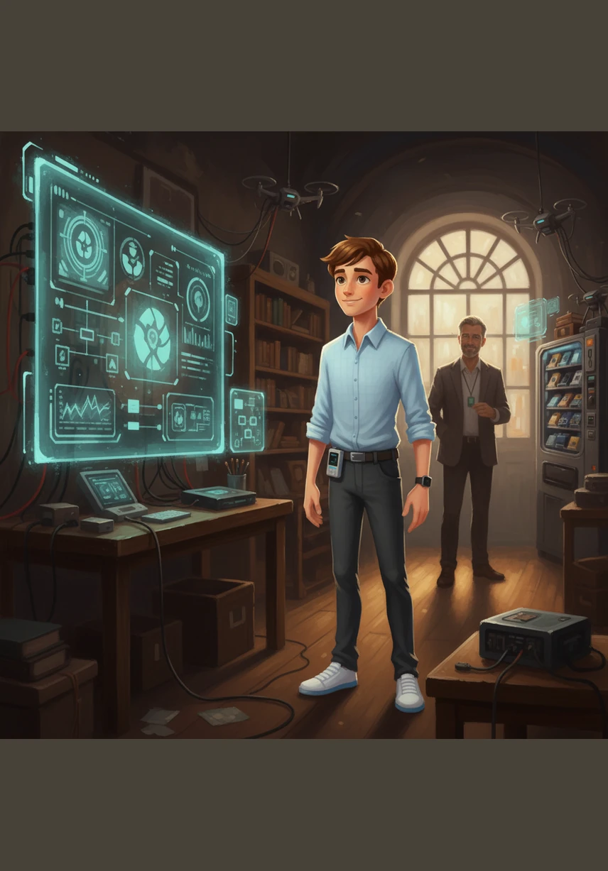 Back in his workshop, Leo looks at his glowing dashboard one last time before heading home. He knows that this is just the beginning of his journey to build a brighter, greener future for everyone.