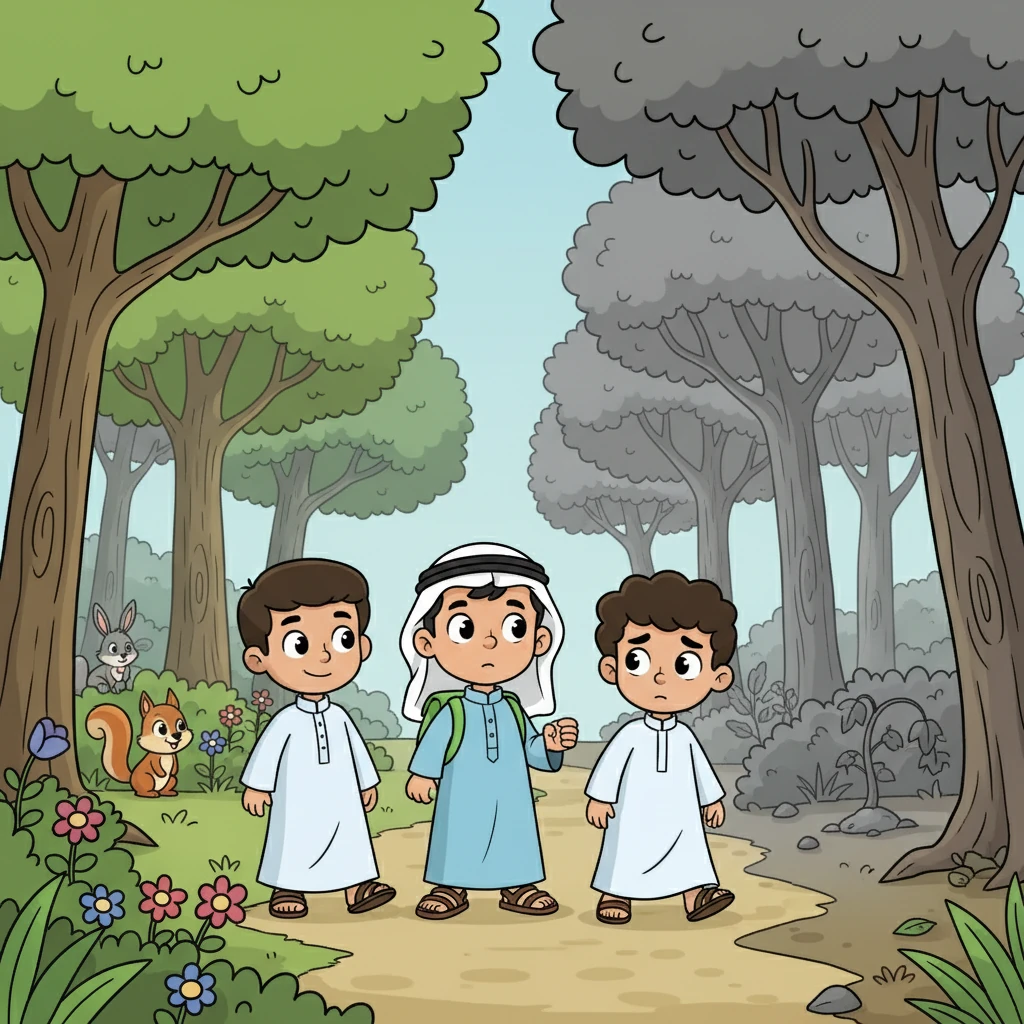 قرر الأصدقاء الثلاثة استكشاف الغابة لمعرفة سبب تغيرها. انطلقوا بحماس، عازمين على كشف السر. كانت الغابة في السابق مليئة بالأشجار الخضراء والحيوانات المرحة، ولكنها بدت الآن حزينة.