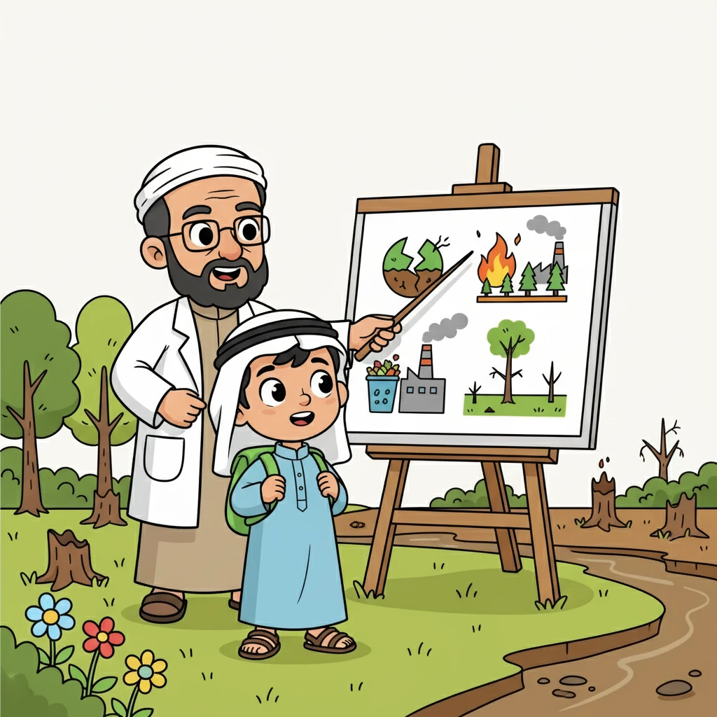 أثناء استكشافهم، التقى الأصدقاء بمعلم العلوم، الذي شرح لهم أن الغابة تتغير بسبب عوامل طبيعية وبشرية. أخبرهم عن الكوارث الطبيعية مثل الزلازل والحرائق، وعن أفعال الإنسان التي تضر بالبيئة.