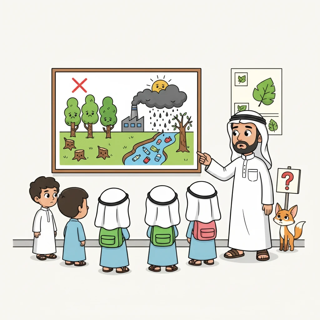 أوضح المعلم للأصدقاء كيف يؤدي قطع الأشجار، وتلويث الهواء والماء، وإلقاء النفايات إلى إلحاق الضرر بالبيئة. أشار إلى أن هذه الأفعال تؤدي إلى اختلال التوازن البيئي، وفقدان الحيوانات لمواطنها.