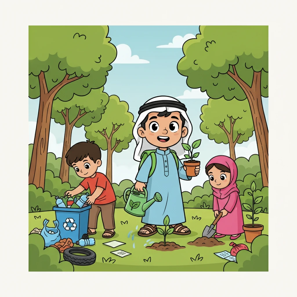 قرر الأصدقاء الثلاثة أن يفعلوا شيئًا للمساعدة. بدأوا بتنظيف الغابة من النفايات، وزرعوا أشجارًا جديدة. شعروا بالسعادة وهم يعملون معًا لإعادة الحياة إلى الغابة.