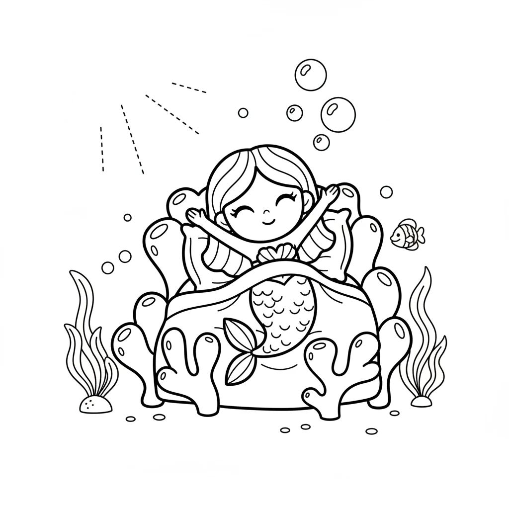 Little Coral, a mermaid with a shimmering tail, woke up in her cozy coral bed. Sunlight dappled through the water, making her room glow. She stretched her arms, ready for a new day of ocean adventures. Today felt like a day for discovery.