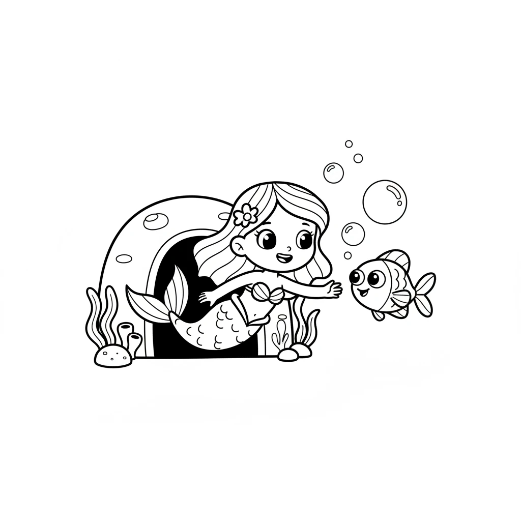 Coral swam out of her home and greeted a friendly little fish with big eyes. The fish wiggled its tail, happy to see her. They exchanged happy bubbles, a special underwater hello, before Coral continued on her way.