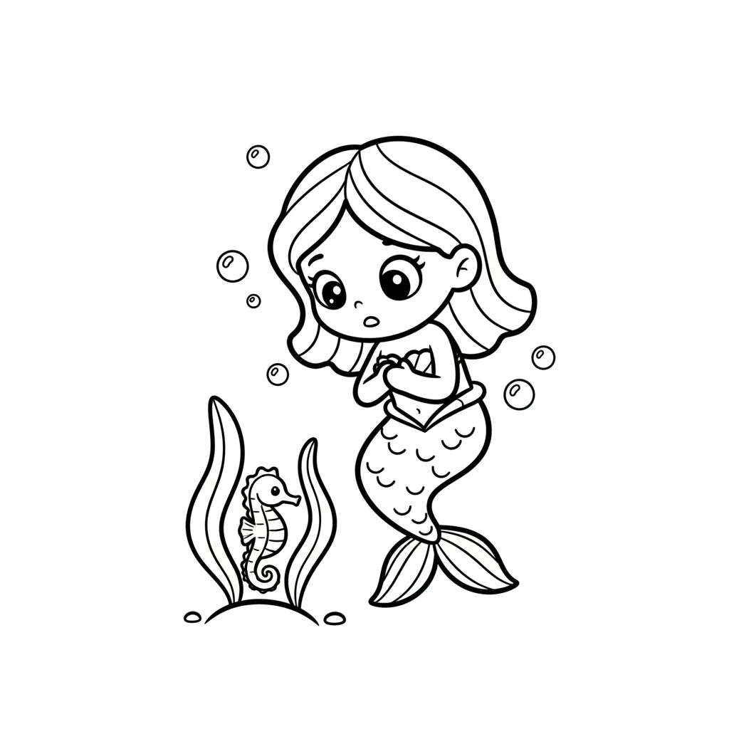 Further along, Coral spotted a tiny seahorse clinging to a piece of seaweed. It was perfectly still, almost invisible against its green home. Coral watched quietly, amazed by its clever camouflage.