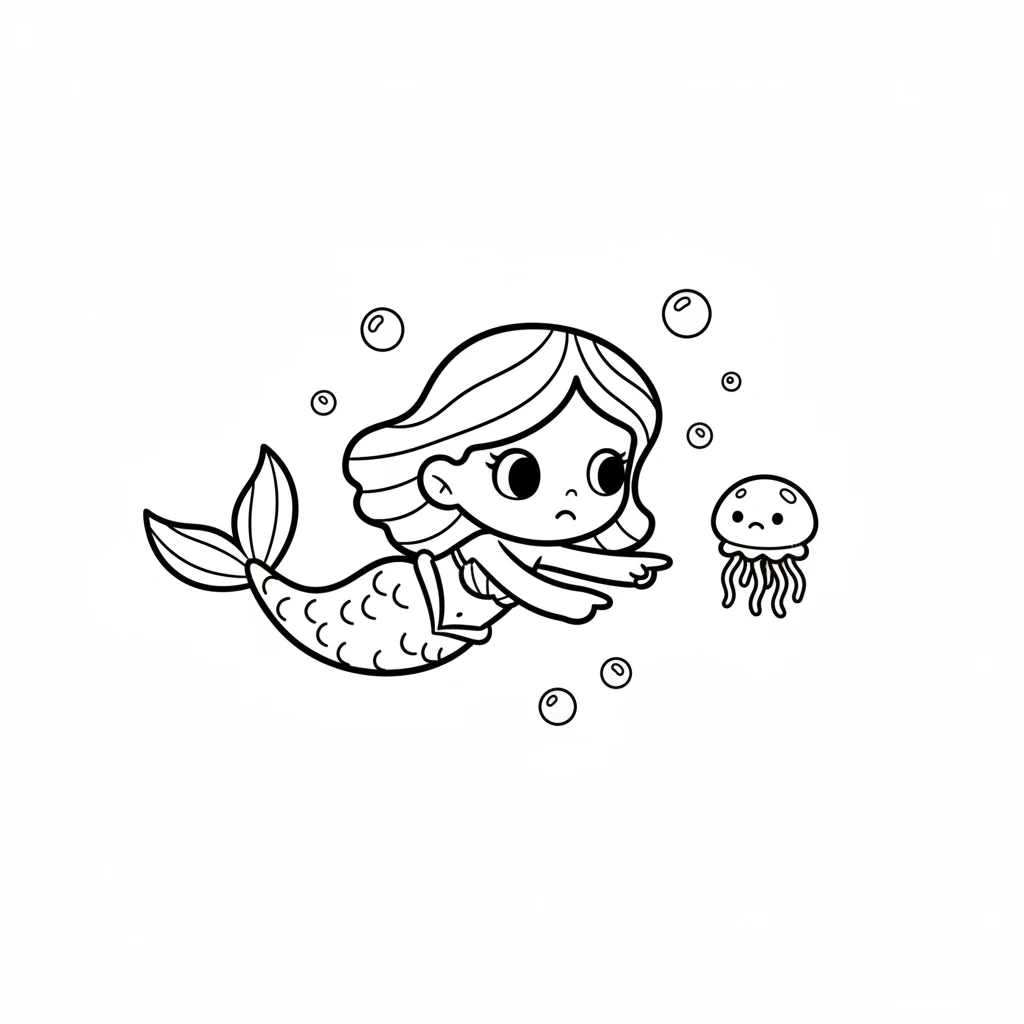 Suddenly, she saw something wobbly and small floating all alone. It was a tiny, lost baby jellyfish, gently pulsing in the current. It looked very sad and confused, drifting far from its family.