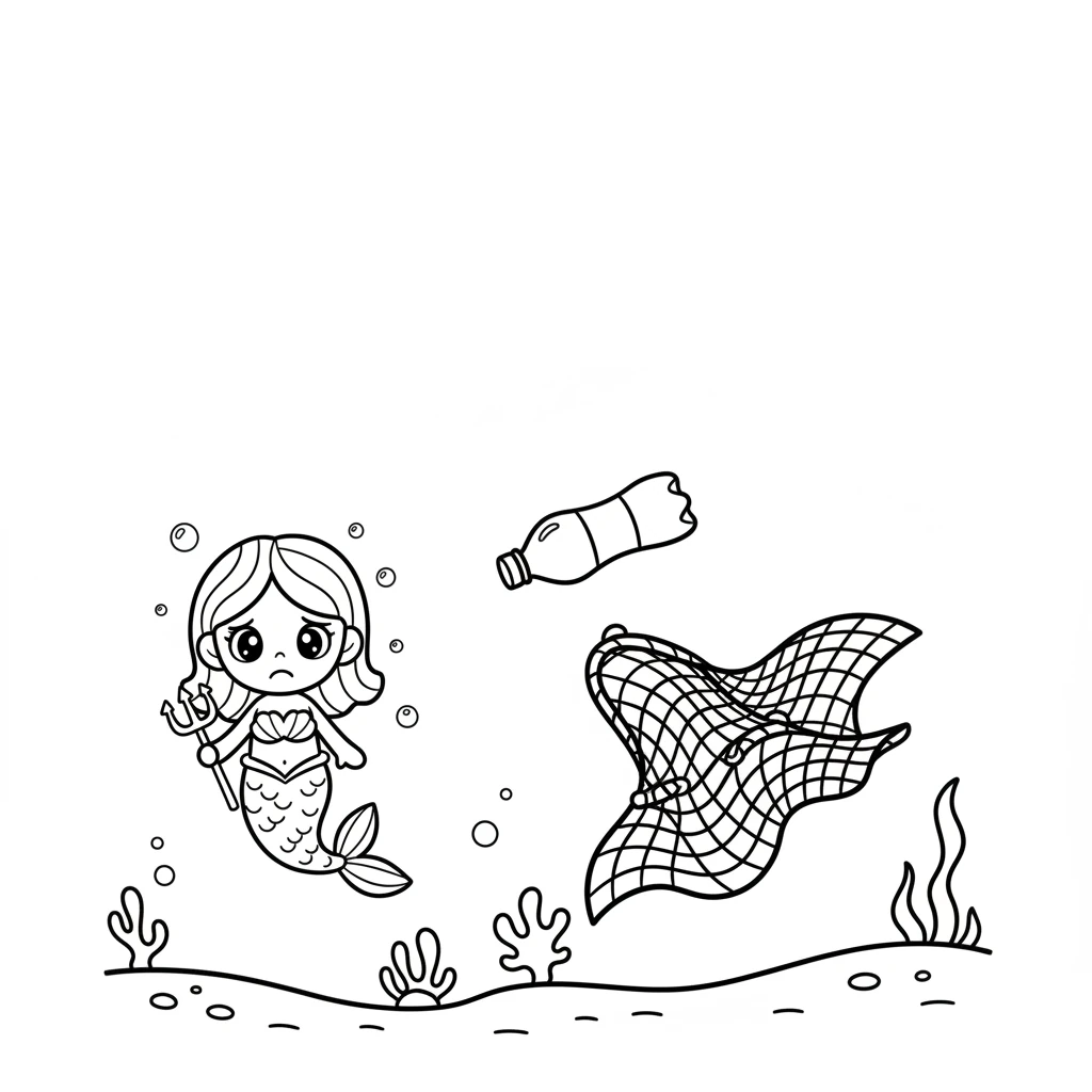 But then, they saw something sad floating in the water: a plastic bottle and a tangled net. The ocean looked a little messy here. Coral knew this wasn't how the beautiful sea should be.