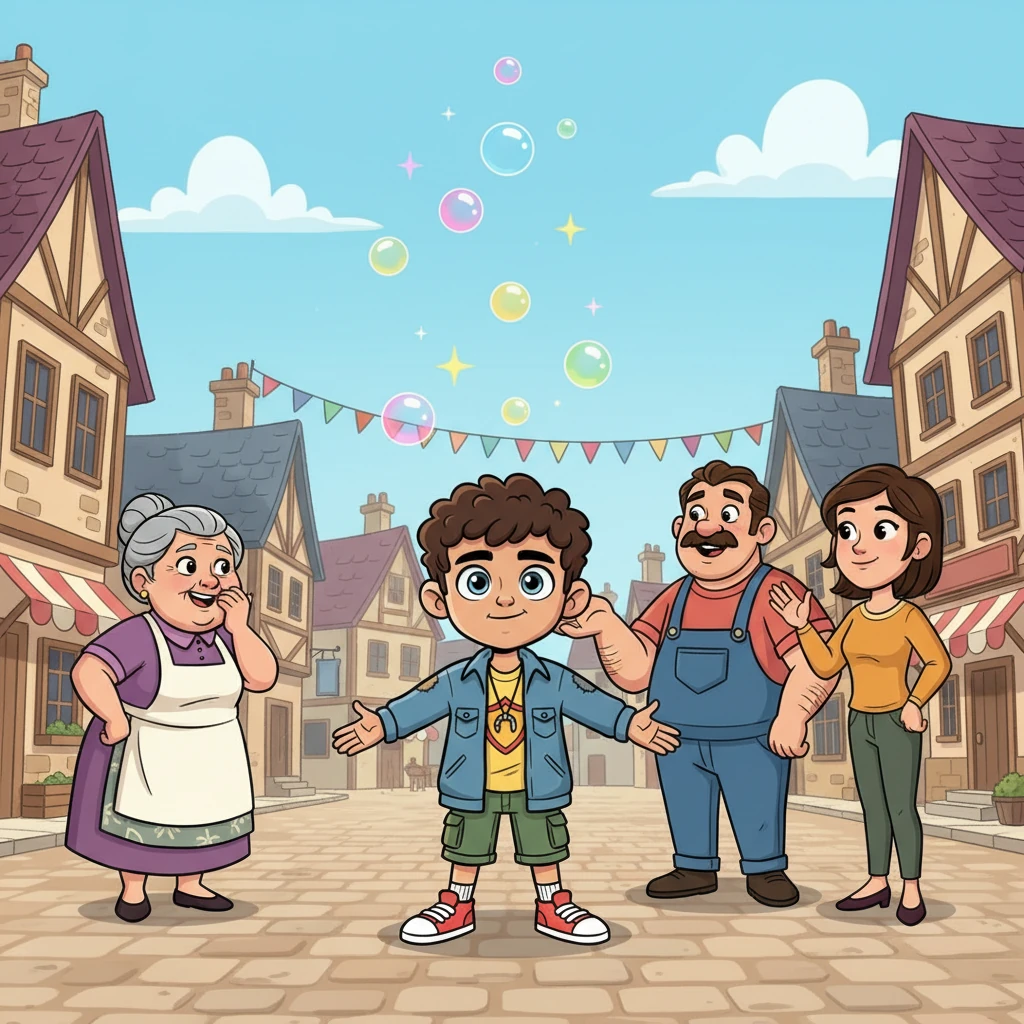 Young Ethan, with wide, hopeful eyes, stands in the bustling square of his small, sleepy town. Around him, townsfolk chuckle and shrug, treating his big dreams like fleeting jokes that float away as colorful, popping bubbles.