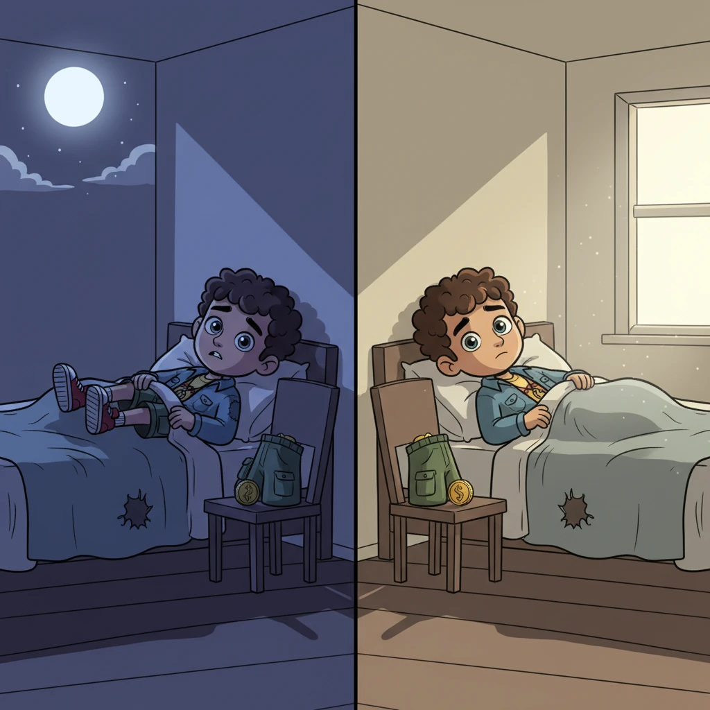 Ethan's pockets are often empty, depicted with exaggerated holes and a single, lonely coin. At night, shadows stretch long and dark, showing restless nights, while the morning sun seems indifferent to whether he rises, casting a dim glow.