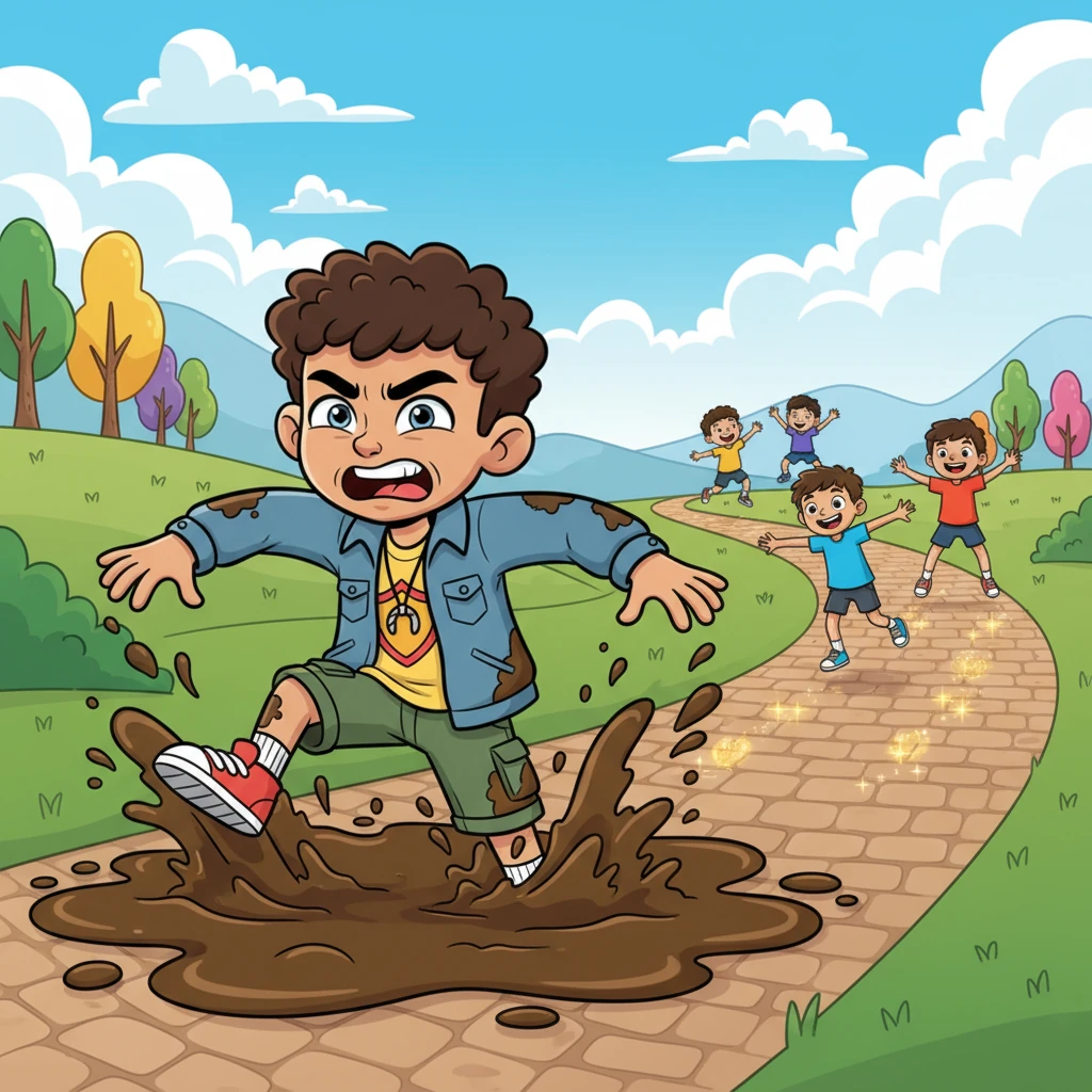 A vibrant, winding path stretches ahead, filled with other children skipping joyfully, their futures bright and clear. Ethan, however, is stuck in a thick, gooey puddle of mud, straining with all his might but unable to move forward.