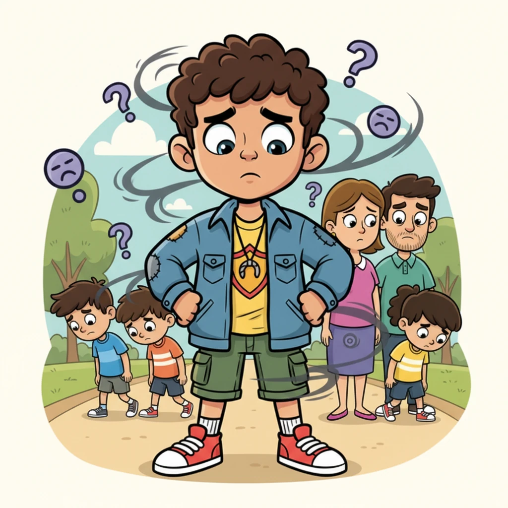 His friends are shown walking away with slumped shoulders, leaving him behind. Family members wear worried, doubtful expressions, while shadowy, whispering voices swirl around Ethan, forming question marks and frowns in the air.