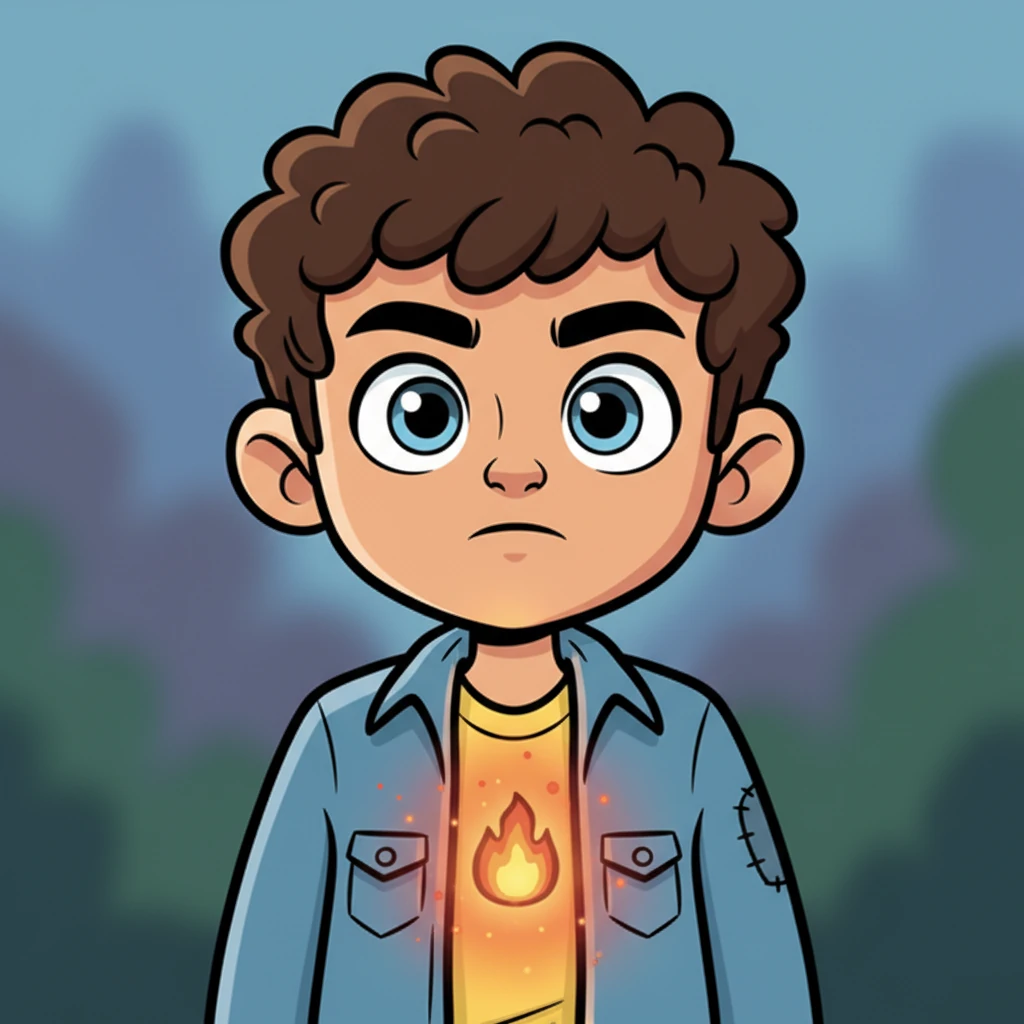 A close-up on Ethan's chest reveals a tiny, glowing ember, a quiet fire burning steadily within him, contrasting with the cool, subdued colors of his surroundings. His face is set with a subtle, yet powerful, stubborn determination.