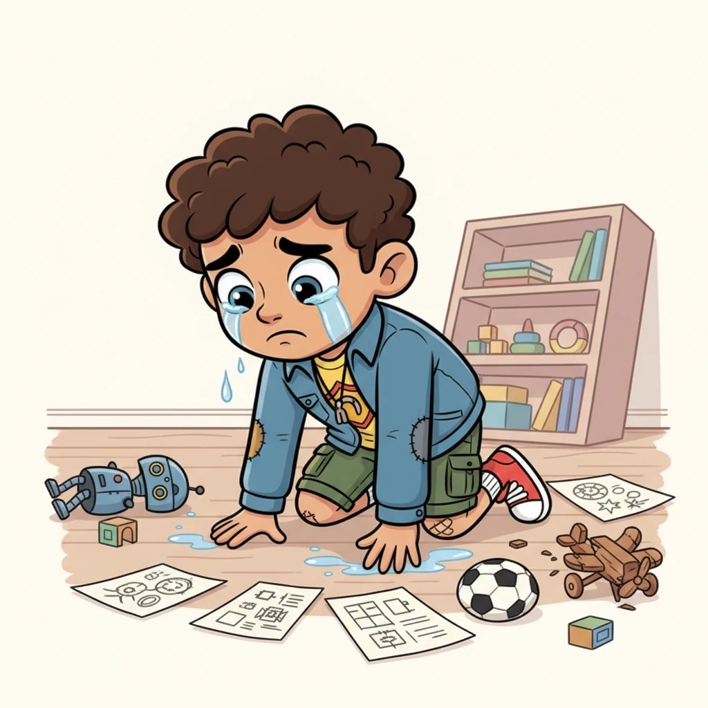 Ethan is depicted falling, knees scraped and tears streaming down his face, surrounded by playfully exaggerated broken toys and scattered papers, representing his many setbacks. He looks utterly exhausted, almost giving up.