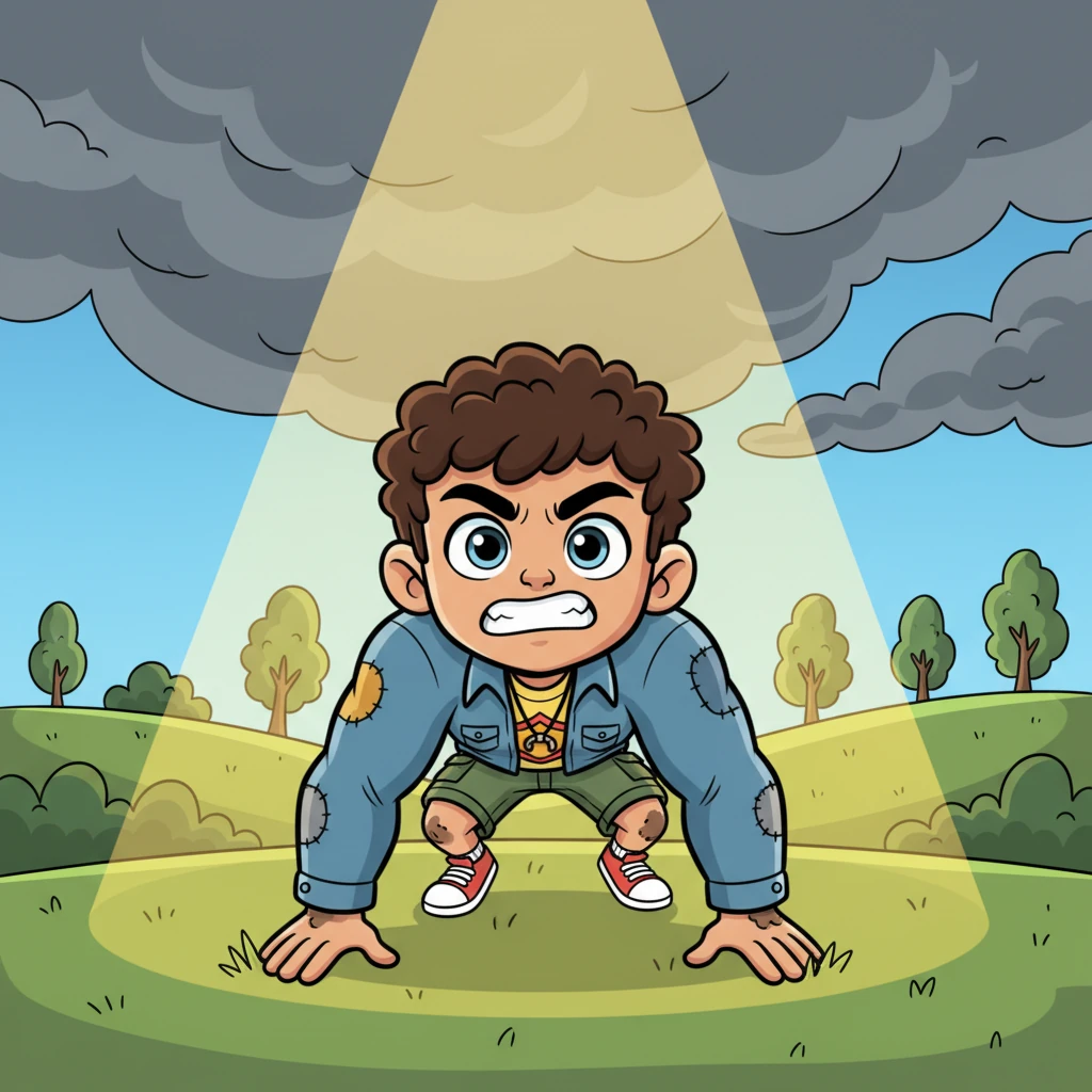 With incredible effort, Ethan pushes himself up from the ground, muscles bulging in a cartoonishly strong pose. His face is a mask of fierce determination as a brilliant ray of light breaks through the clouds above him, illuminating his resolve.