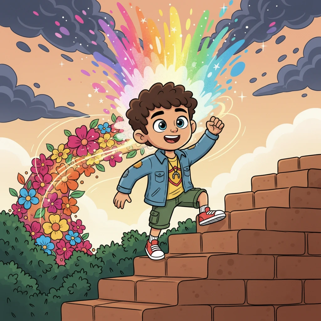 Obstacles transform around him: a towering brick wall becomes a set of sturdy steps, thorny bushes blossom into a vibrant, flowing bridge, and dark storm clouds dissipate into bursts of bright, colorful motivational energy.
