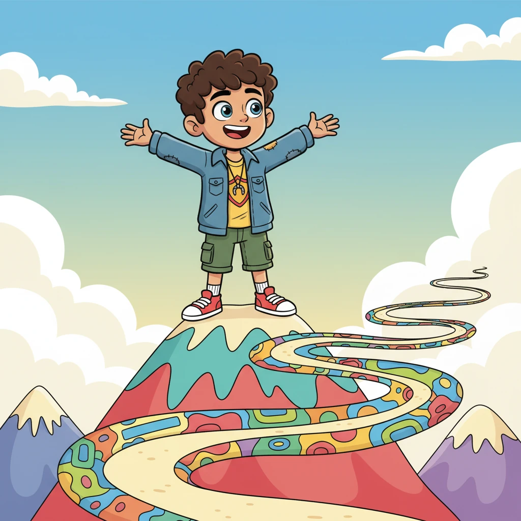 Ethan stands triumphantly atop a whimsical, colorful mountain peak, arms outstretched, a beacon of strength. He looks back at the winding path he conquered, now a vibrant tapestry of lessons and victories, a testament to his unstoppable spirit.