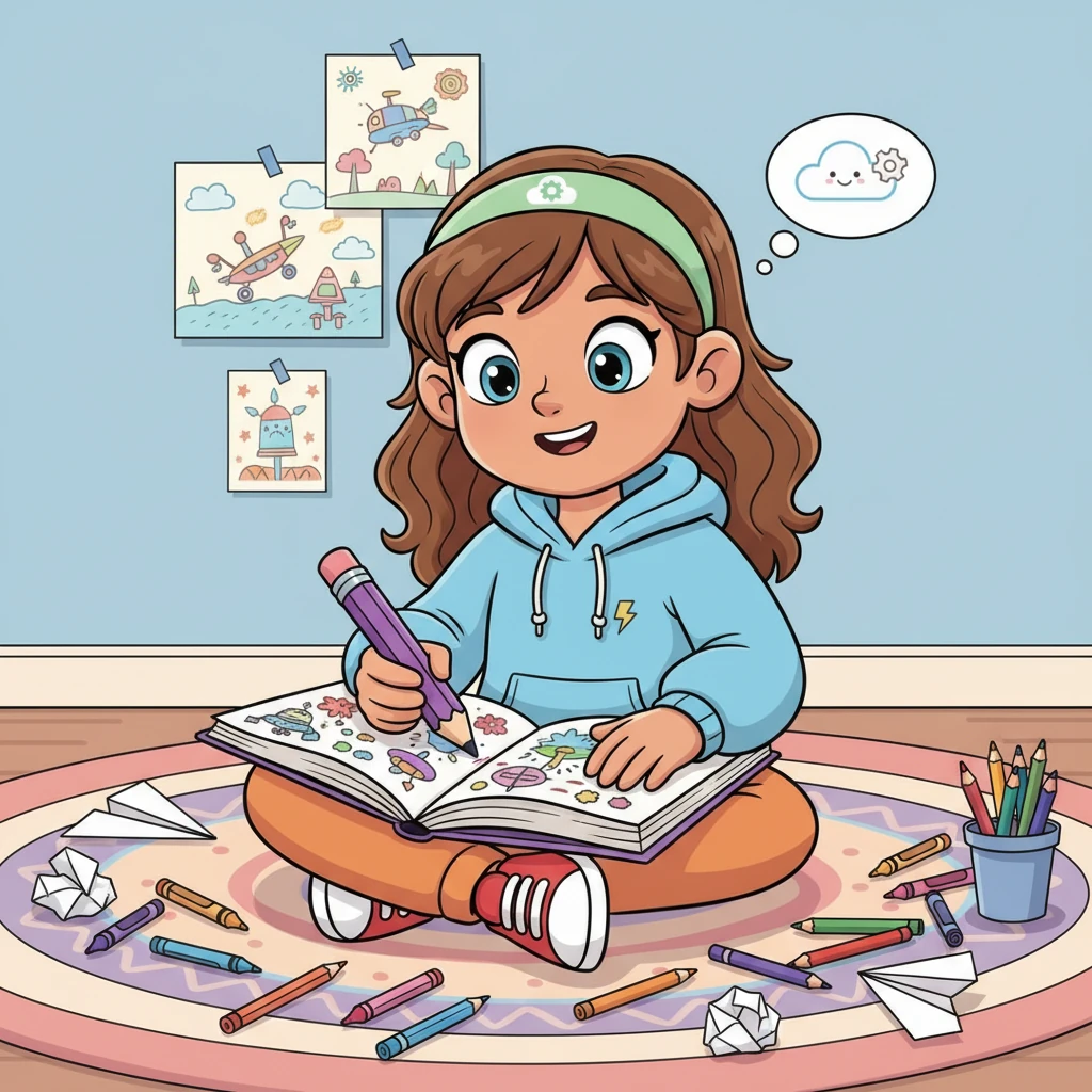 Ela odasında oturmuş, hayal defterine neşeyle çizimler yapıyordu. Kalemiyle yepyeni fikirler yaratmayı çok severdi. Etrafı renkli kalemler ve karalamalarla doluydu.