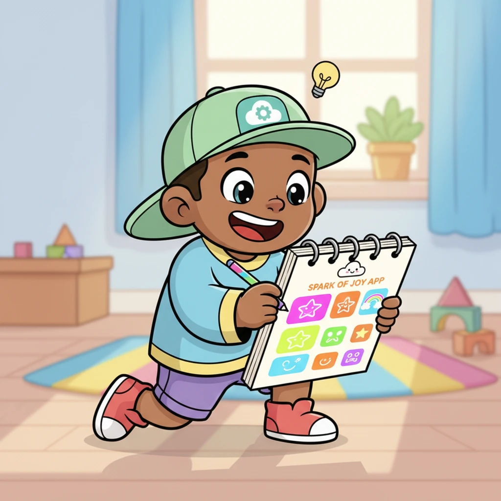 Aklına harika bir fikir geldi! Defterine hemen "Neşe Kıvılcımı Uygulaması" adını verdiği bir şey çizdi. Uygulamanın rengarenk, parlayan düğmeleri vardı ve çok eğlenceli görünüyordu.