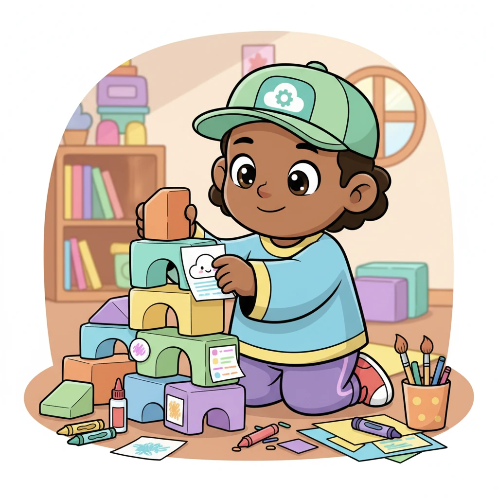 Ela, oyuncak blokları ve el işi malzemeleriyle kendi "uygulamasını" inşa etmeye başladı. Blokları üst üste koyup, kağıttan düğmeler yapıştırdı. Her parçayı büyük bir özenle yerleştirdi.