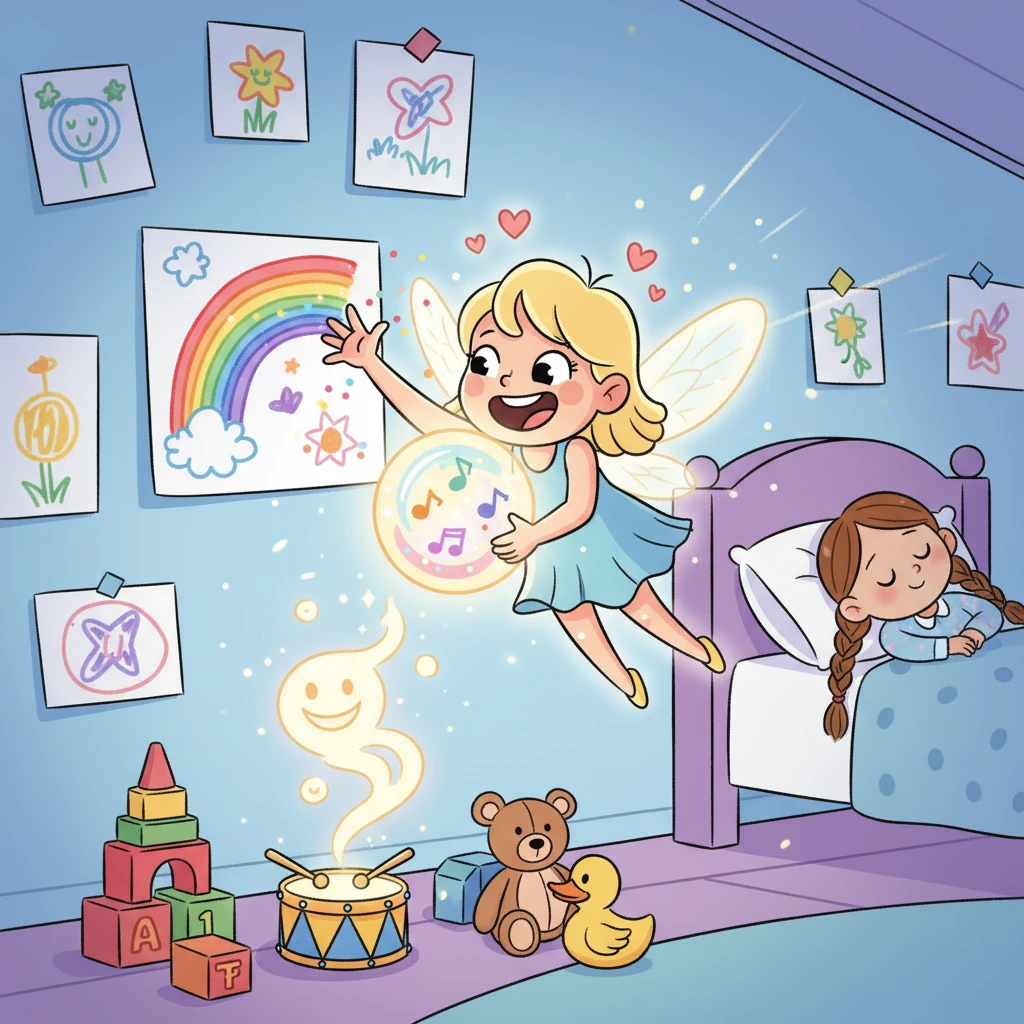 Işık perisi, Ela'nın çizimlerinden renkleri, oyuncaklarından kahkahaları topladı. Her topladığı şeyle daha da parlak ve neşeli hale geliyordu. Küçük peri odanın her köşesinden sevinç topladı.