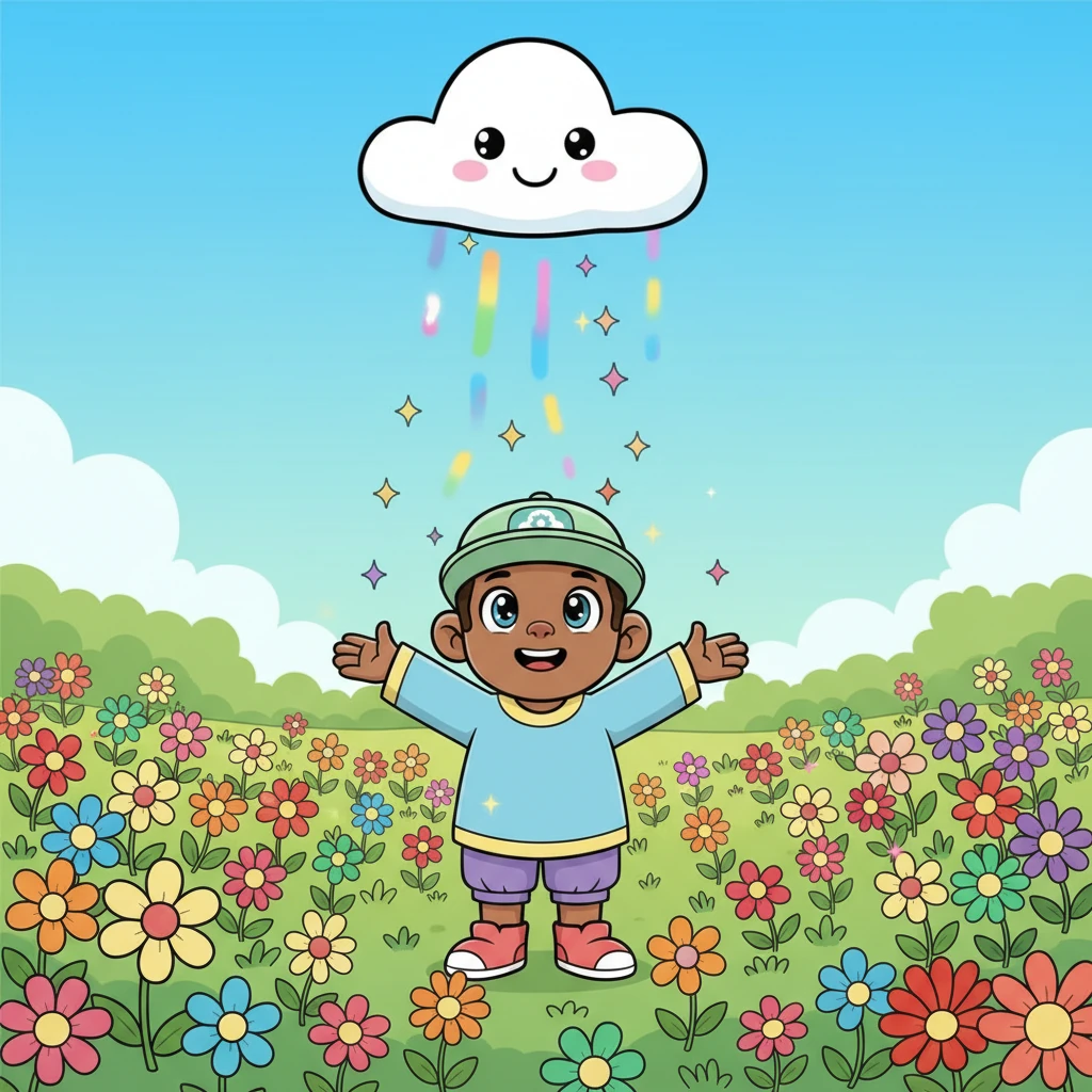 Mutlu bulut şimdi gökkuşağı renklerinde neşeli kıvılcımlar yağdırıyordu. Yere düşen her kıvılcım, açan rengarenk bir çiçeğe dönüşüyordu. Her yer neşeyle doldu ve canlandı.
