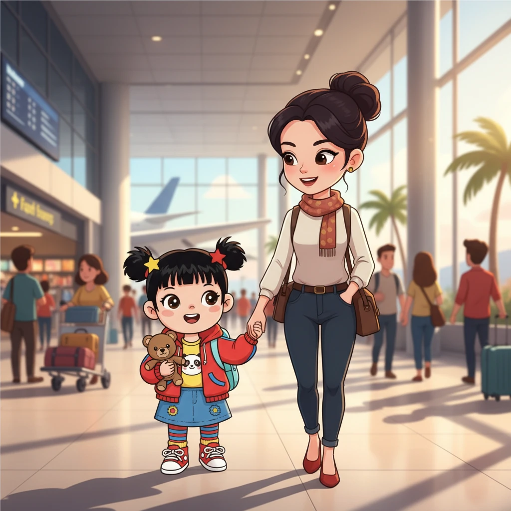 寒假开始了，尤莉亚和妈妈兴奋地踏上了前往香港的旅程。她们兴奋地来到了香港机场，准备开始她们的冒险！尤莉亚紧紧地拉着妈妈的手，眼中充满了对未知的期待。