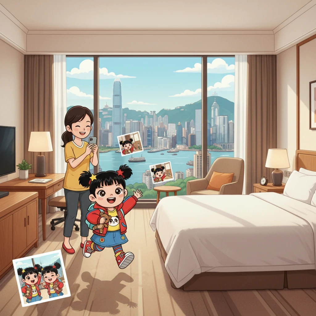 到达酒店后，尤莉亚兴奋地在房间里跑来跑去。酒店的房间很大，窗户外面可以看到香港美丽的风景。尤莉亚和妈妈在酒店里拍了好多照片。