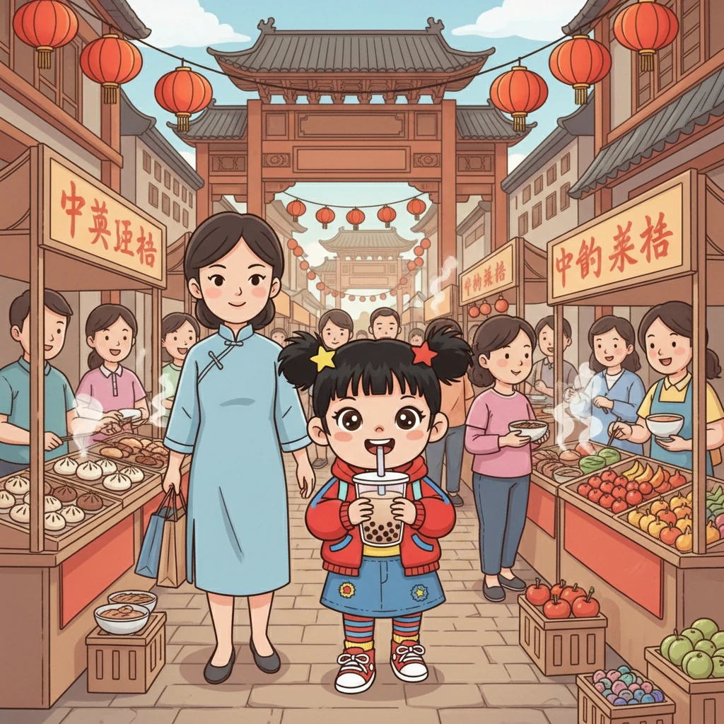 第二天，尤莉亚和妈妈去了热闹的街市。她们看到了各种各样的小吃，尤莉亚对一切都感到好奇。妈妈给她买了一杯香甜的奶茶，尤莉亚开心地喝着。