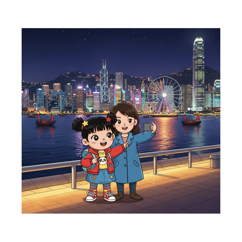 尤莉亚和妈妈还去了维多利亚港，欣赏了美丽的夜景。她们一起拍照留念，记录下这美好的瞬间。尤莉亚兴奋地指着远处的摩天轮，告诉妈妈她喜欢香港。