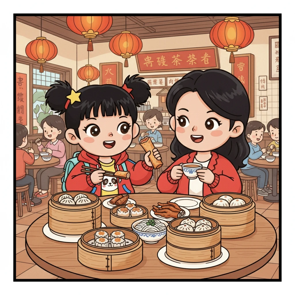 她们在一家茶餐厅吃午饭，品尝了美味的港式点心。尤莉亚还尝试了当地的特色菜。尤莉亚和妈妈都对这些美食赞不绝口。