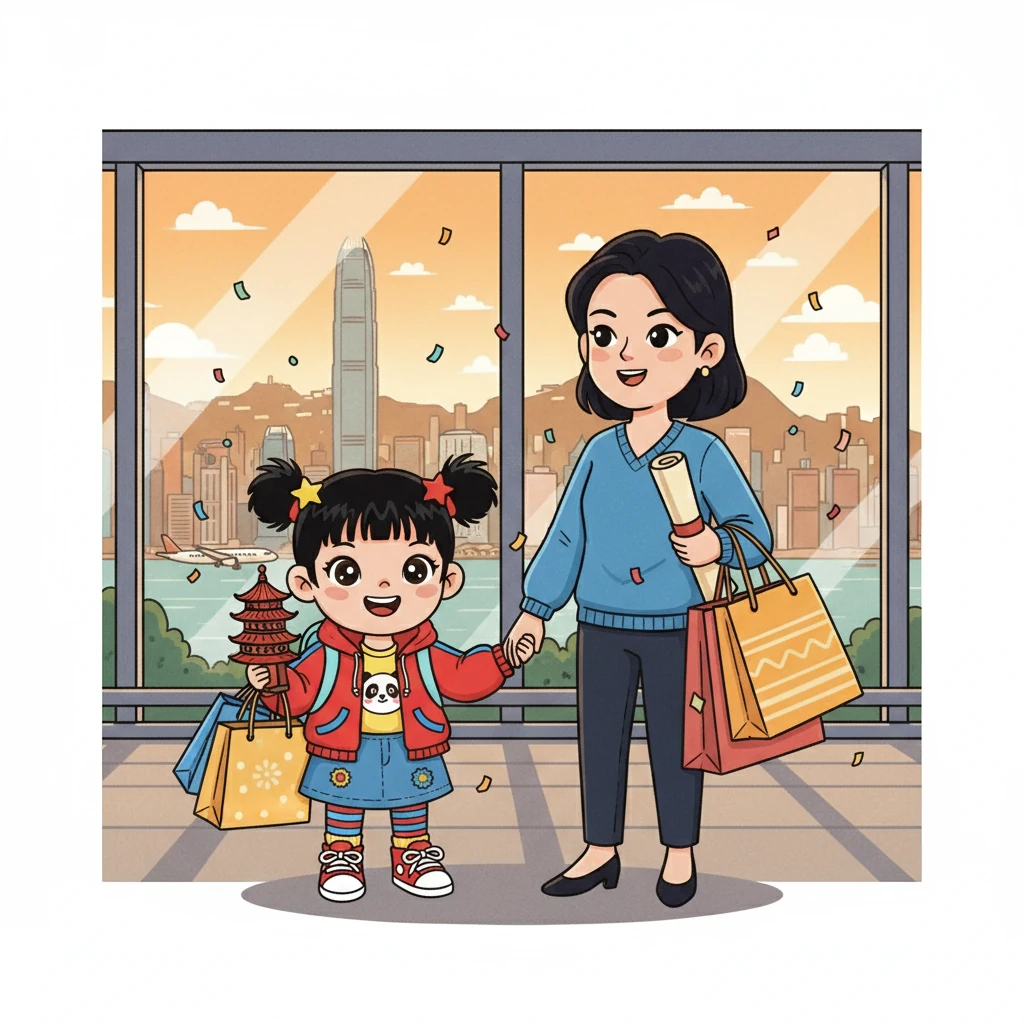 旅程的最后一天，尤莉亚和妈妈在商场里买了许多纪念品。她们带着满满的回忆和礼物，依依不舍地离开了香港。尤莉亚觉得这次旅行非常开心！
新单词和表达方式：
1. 街市 (jiē shì): 市场
2. 维多利亚港 (Wéi duō lì yà gǎng): Victoria Harbour