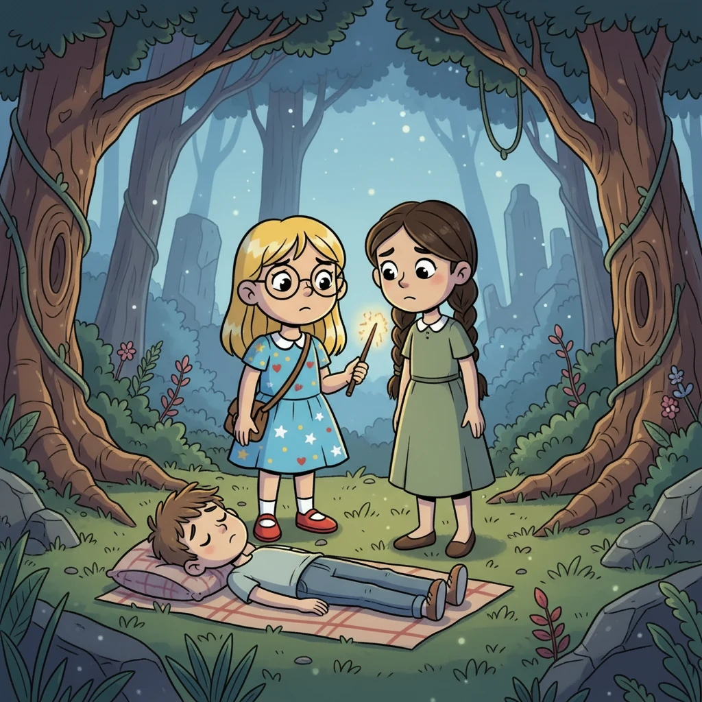 Sélène a essayé d'utiliser un sort de guérison, mais rien ne se passait. Sa baguette brillait d'une faible lumière. Florine, sa meilleure amie, est venue à son secours. Elles ont regardé Naël avec tristesse.