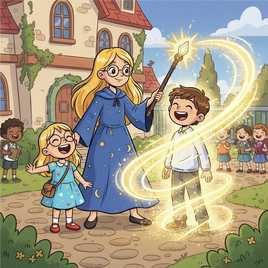 Soudain, Hina, la petite sœur de Sélène, qui était venue en visite à l'école, a ri. Son rire joyeux a rempli l'air. La baguette de Sélène s'est mise à scintiller vivement, et une lumière dorée a enveloppé Naël.