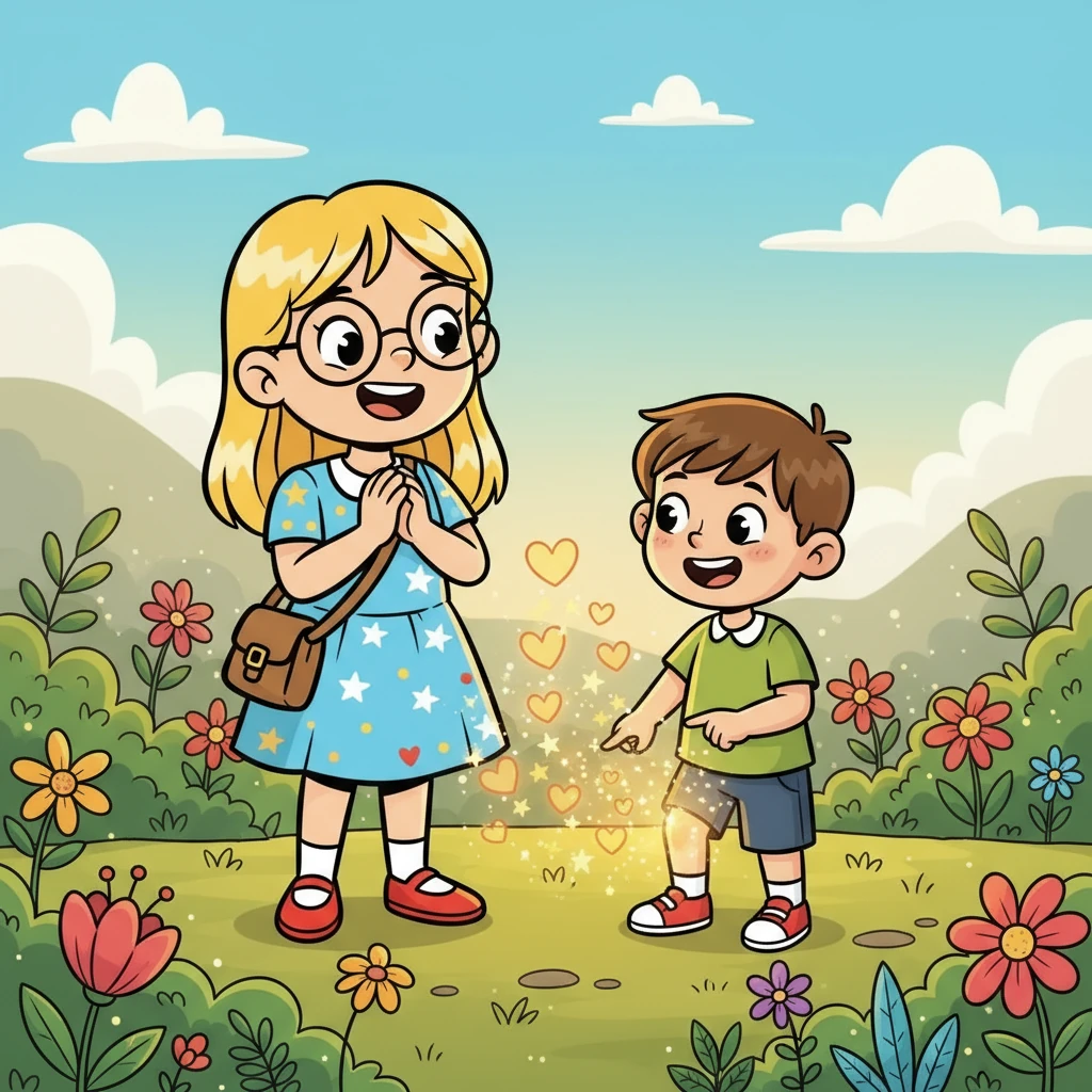 Le genou de Naël a guéri instantanément ! Il s'est relevé, souriant. Sélène, émerveillée, a compris que le véritable pouvoir de la magie résidait dans l'amour et le bonheur, non pas seulement dans les sorts.