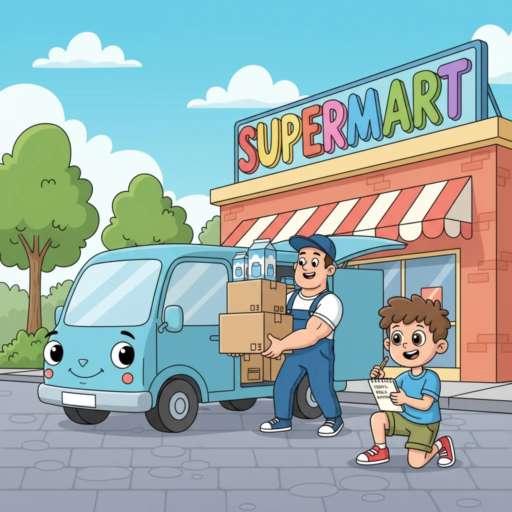 Je pátek ráno a před supermarketem zastavil obrovský dodávkový vůz s úsměvem na kapotě. Z něj vystupují silní muži, kteří vykládají spoustu krabic s mlékem a podmáslím. Matěj si rychle poznamenal: 1200 litrů mléka a 800 litrů podmáslí!