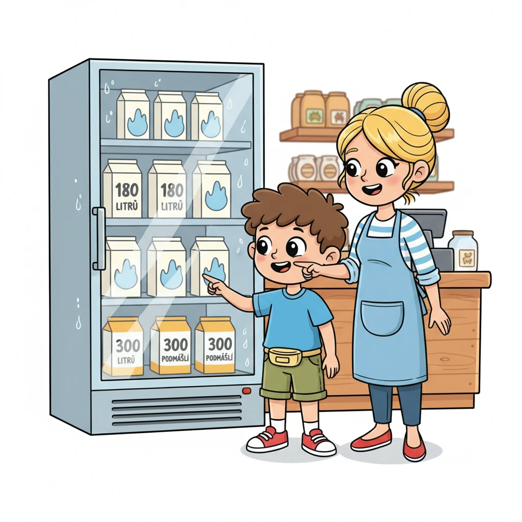 Teta Bára ukázala Matějovi do chladicího pultu. "Podívej, Matěji, ještě nám tam zbylo něco ze včerejška," řekla. Matěj s nadšením spočítal 180 litrů mléka a 300 litrů podmáslí, které čekaly na nové kamarády.