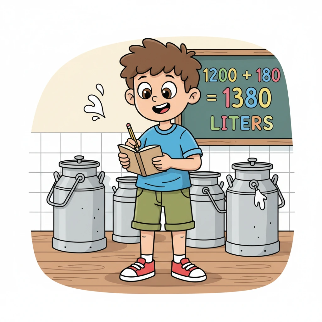 Matěj si vytáhl svůj malý zápisník a tužku. "Dobře," zamumlal si, "takže máme 1200 litrů nového mléka plus 180 litrů ze včerejška." Jeho oči zazářily, když si uvědomil, že to dohromady dělá 1380 litrů mléka připraveného k prodeji!