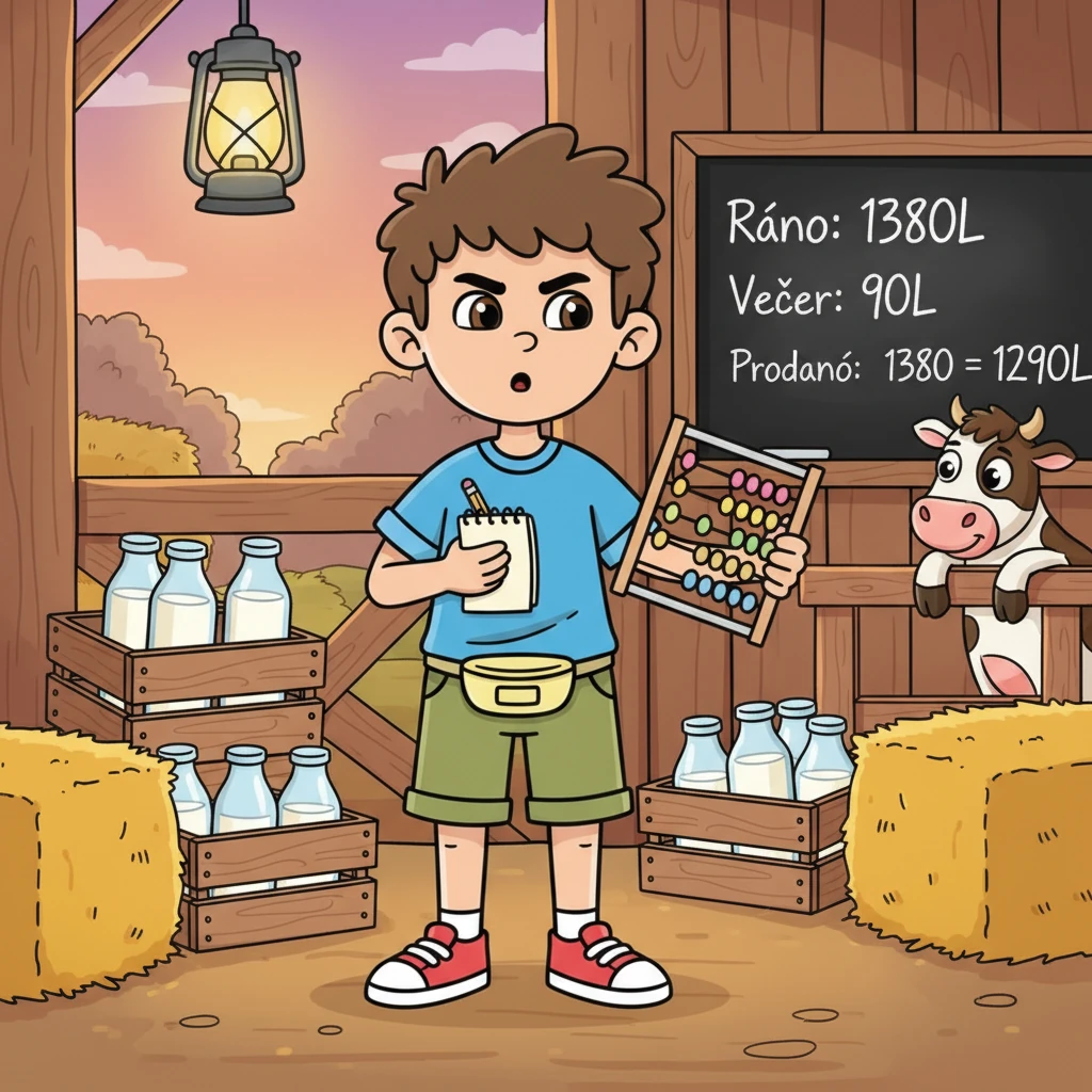 S plnou soustředěností si Matěj začal počítat. "Ráno jsme měli 1380 litrů mléka a teď večer zbylo 90 litrů," řekl si. "To znamená, že jsme prodali 1380 minus 90, což je úžasných 1290 litrů mléka!"