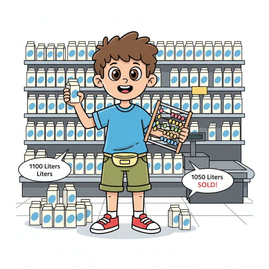 Stejně tak se pustil do podmáslí. "Začali jsme s 1100 litry a zbylo 50 litrů," zamyslel se. "Takže supermarket prodal 1100 minus 50, to je celkem 1050 litrů podmáslí!"