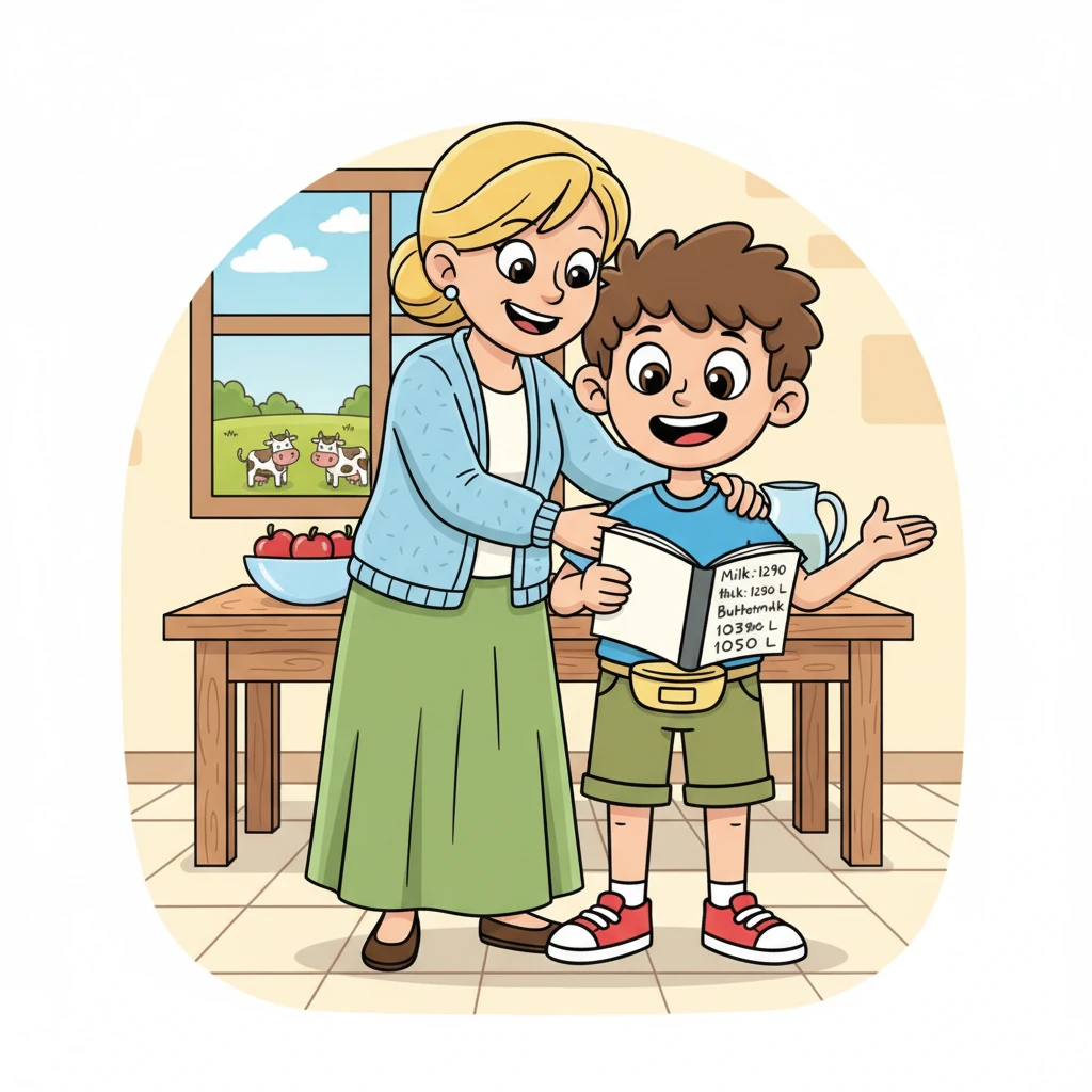 Matěj Počtář s hrdostí ukázal tetě Báře svůj zápisník. "Teto, v pátek jsme prodali 1290 litrů mléka a 1050 litrů podmáslí!" Teta ho objala a pochválila. Matěj věděl, že čísla jsou jeho nejlepší kamarádi a těšil se na další den plný počítání.