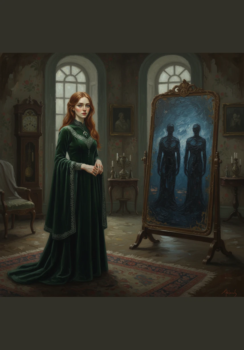 Morwenna stands in the drafty hallway of her family’s decaying estate, where the wallpaper peels like ancient parchment. The silence of the house is heavy, broken only by the rhythmic creaking of floorboards beneath her bare feet.