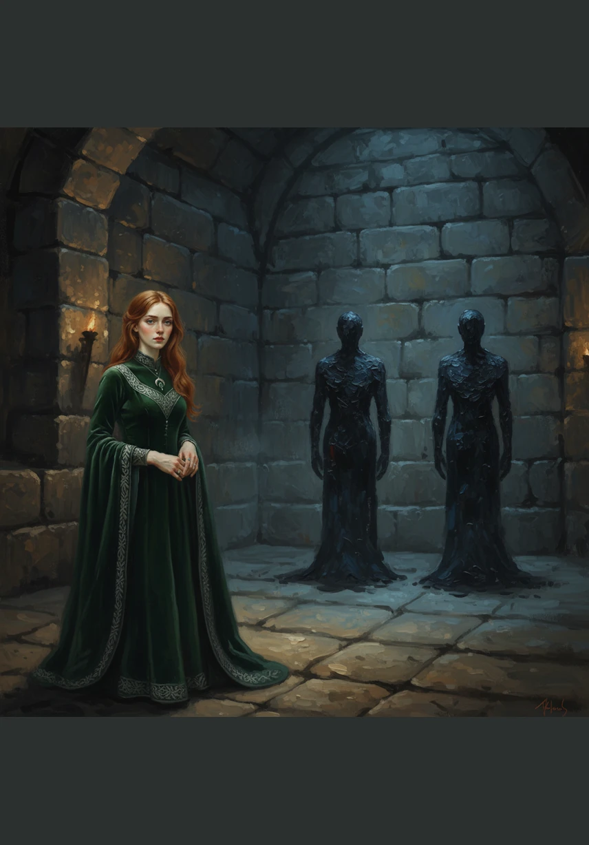 She enters a room frozen in time, filled with shrouded furniture and the thick scent of old dust. A single candle in a tarnished silver holder provides the only light, its flame dancing nervously against the encroaching dark.