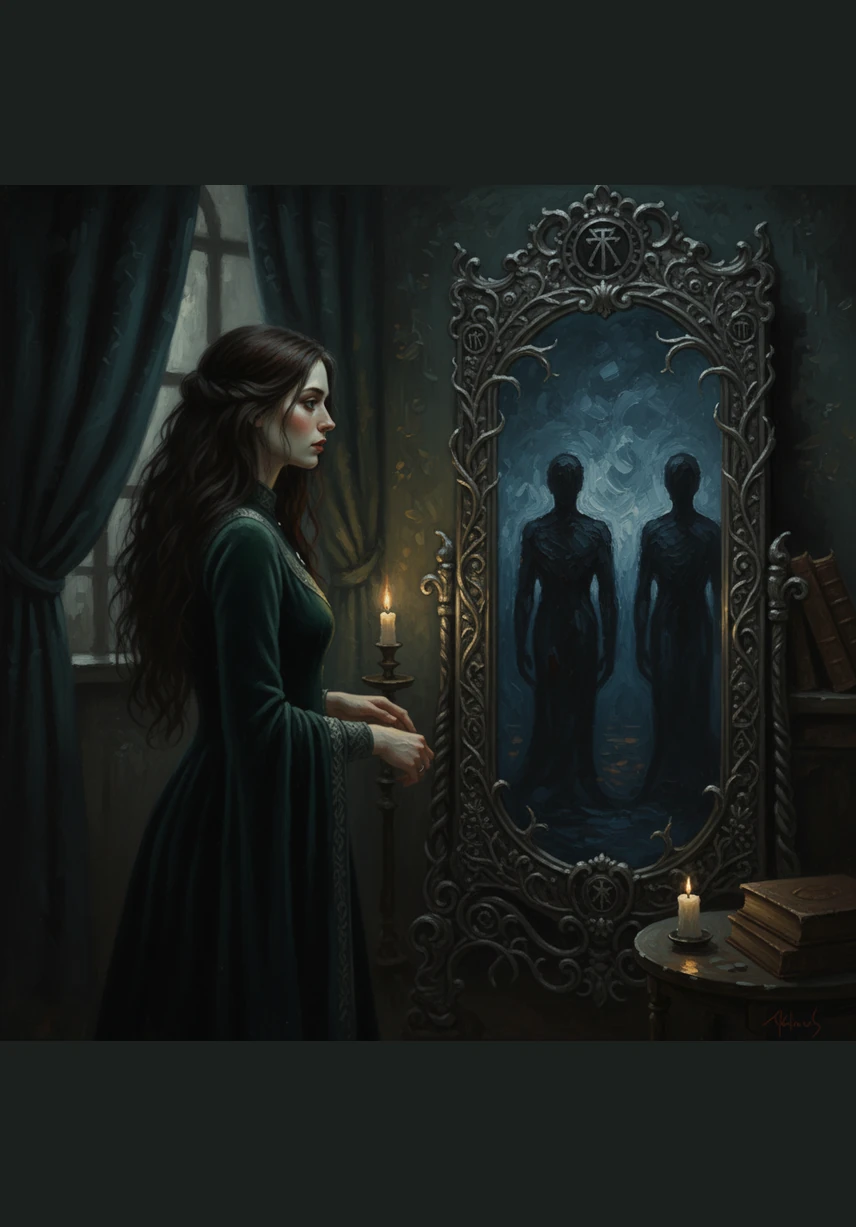 In the corner of the room stands a tall, ornate mirror with a frame of blackened silver. Morwenna approaches it slowly, her long, tangled dark hair falling like ink across her pale, haunted face.