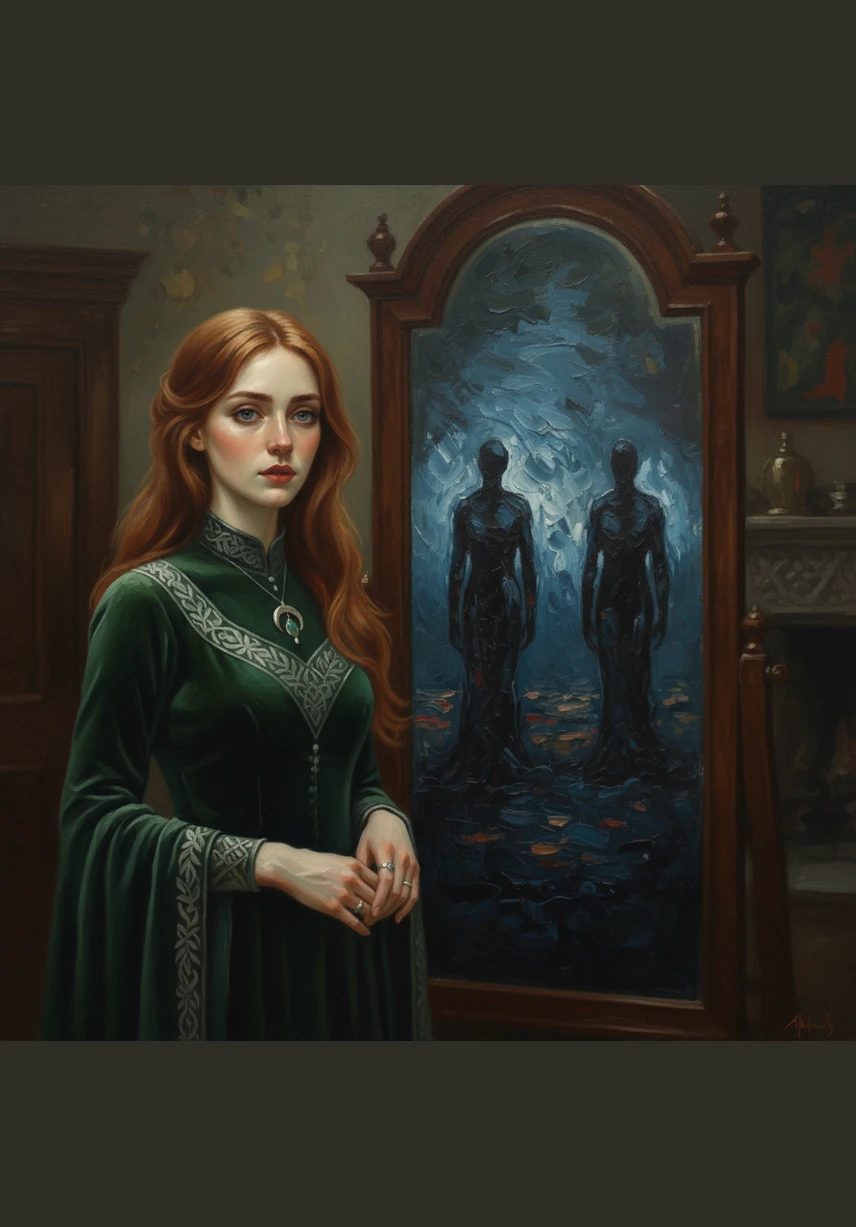 Deep within the mirror's silver depths, two tall, faceless shadow figures begin to emerge from the gloom. They are twisted and elongated, their forms shifting like smoke as they loom directly behind her reflection.