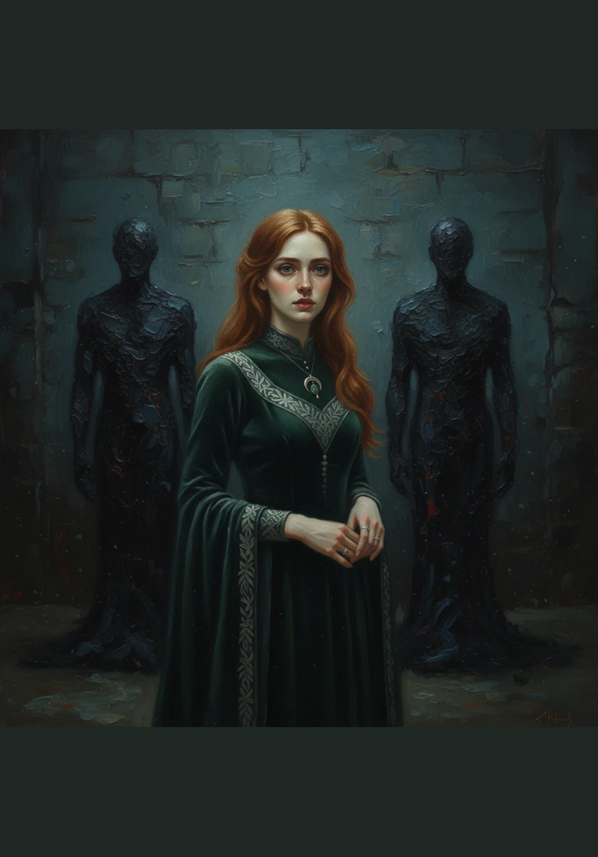 A suffocating sense of dread fills the room as the shadow figures stretch out their spindly, claw-like fingers. Morwenna feels the icy breath of the supernatural on her neck, though the room behind her remains empty.