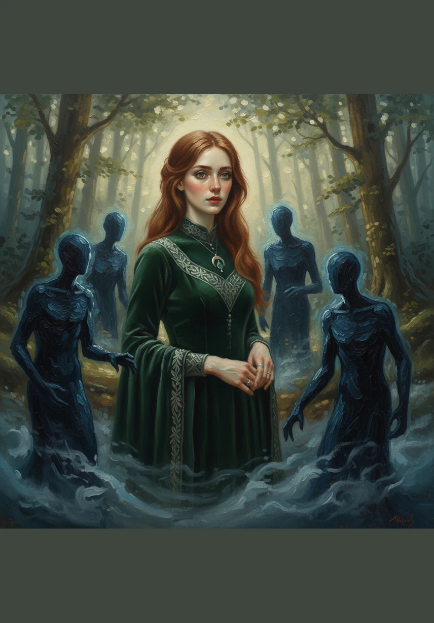 Faint mist begins to swirl around her feet, rising from the cracks in the floor like a ghostly tide. The candle flame turns a ghostly blue, casting long, distorted shadows that seem to move of their own accord.