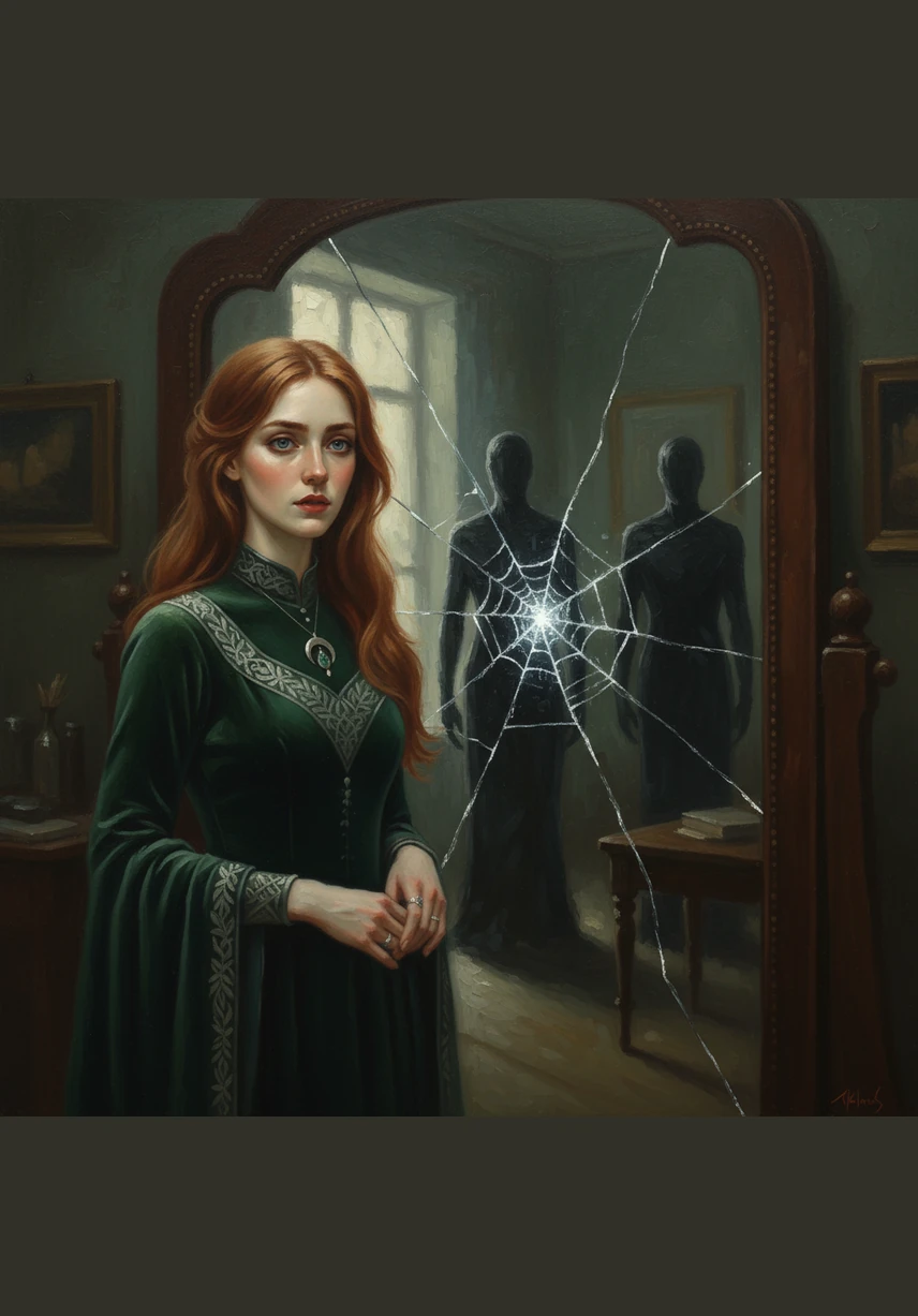 The antique mirror begins to groan under an invisible pressure, and a thin crack spiders across the glass. Each fracture seems to trap the light, making the faceless figures behind her appear even more terrifyingly real.