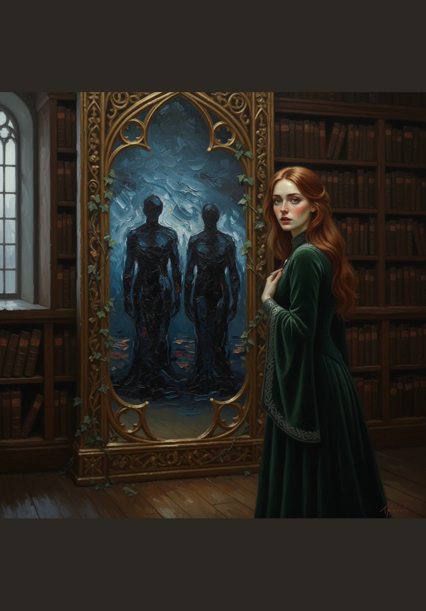 Morwenna realizes the shadows are not trying to escape the mirror, but are beckoning her to join them in the dark. The house whispers her name through the vents and walls, a chorus of voices from a forgotten past.
