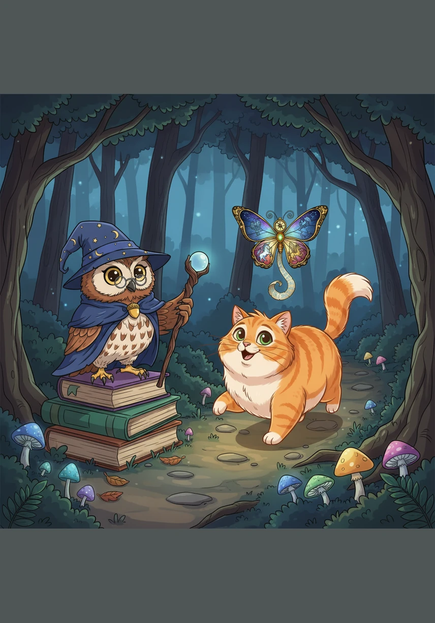 The owl pointed toward a trail of glowing mushrooms that lit up the forest floor like tiny, colorful lanterns. Barnaby trotted along the path, his tail held high and his heart full of excitement.